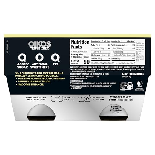 Oikos Triple Zero Vanilla Nonfat Greek Yogurt Pack, High Protein Just Delicious, 4 Ct, 5.3 OZ Cups  
Oikos Triple Zero V